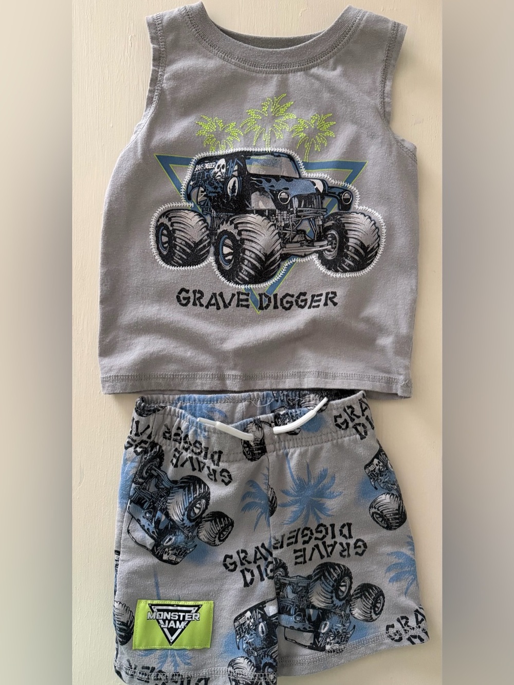 Monster Jam/Gravedigger Baby Boy 18 Month Gray/Blue Set: Tank & Shorts